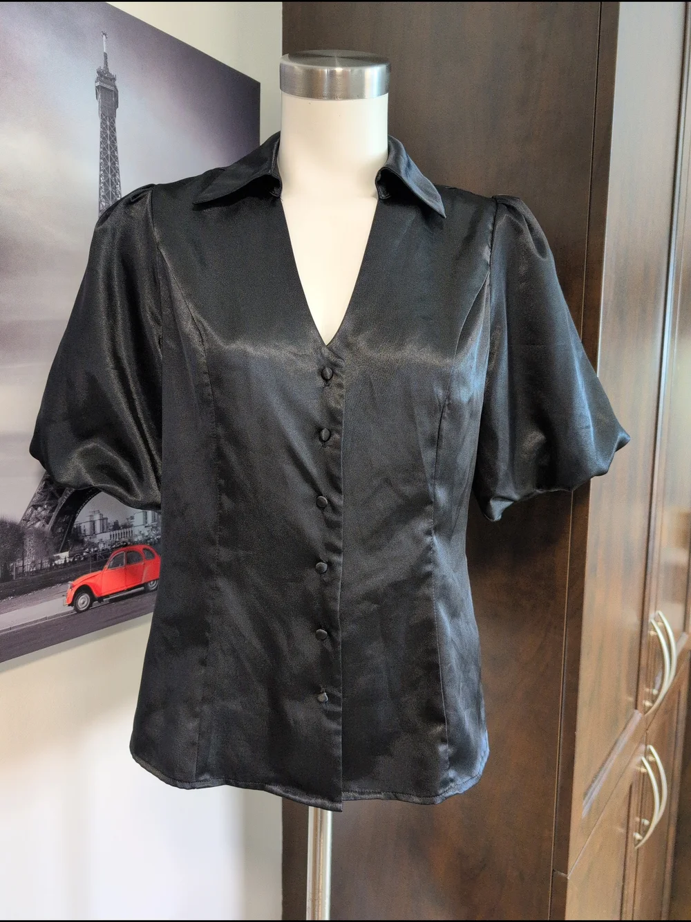 George Black Satin Puff-Sleeve Button-Down Shirt - Picture 3 of 9